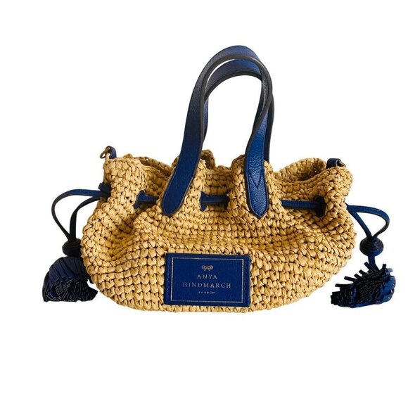 Anya Hindmarch Raffia Drawstring Tote Sz Small in Electric Blue Leather Tassels - Picture 5 of 16